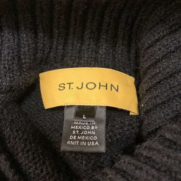 St John Sweater Womens Large Black Gold Crop Wool Blend Buttons Shawl Collar Lux - Picture 3 of 13